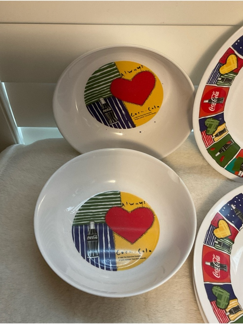 Coca-Cola White Ceramic Bowls with Red Heart and Yellow, Green Accents